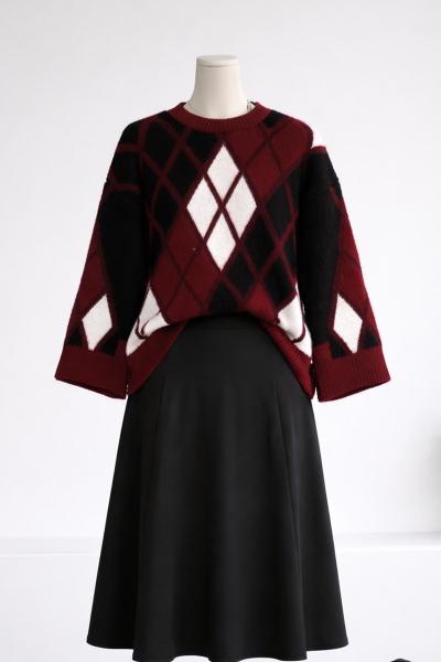 Baklava Desen Kolları Rahat Triko Kazak Bordo