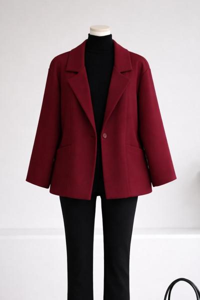 Çift Cepli Oversıze Kısa Kaşe Kaban Bordo