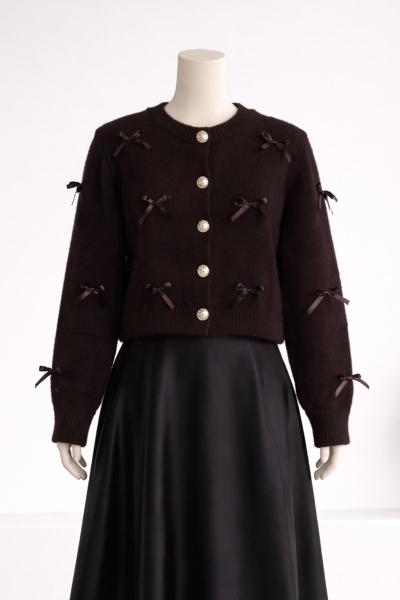 Fiyonklu Beş Düğmeli Triko Hırka Koyu Kahve