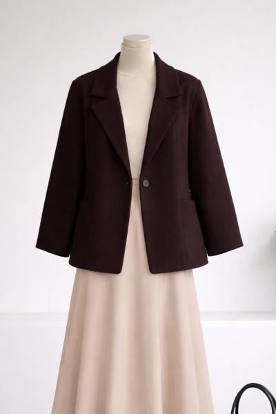 Çift Cepli Oversıze Kısa Kaşe Kaban Koyu Kahve