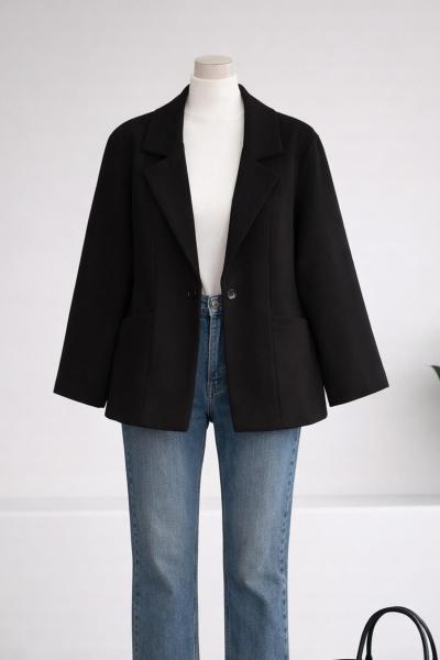 Çift Cepli Oversıze Kısa Kaşe Kaban Siyah