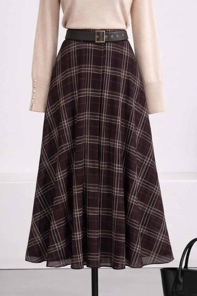 Beli Kemerli Ekoseli Şifon Etek Koyu Kahve