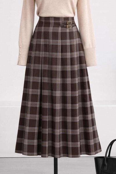 Kemer Detay Ekoseli Pileli Etek Koyu Kahve
