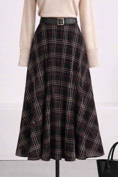 Beli Kemerli Ekoseli Şifon Etek Siyah