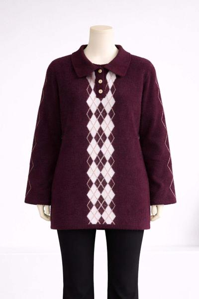 Baklava Desenli Gömlek Yaka Yumoş Tunik Mor