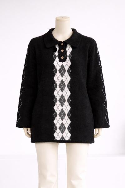 Baklava Desenli Gömlek Yaka Yumoş Tunik Siyah