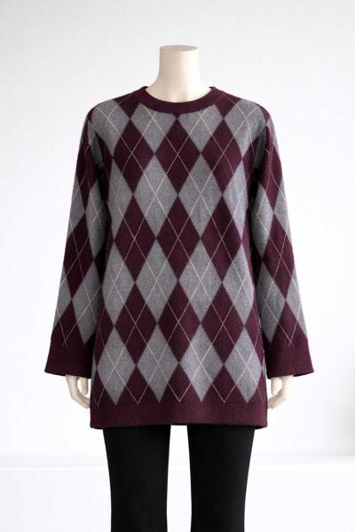 Baklava Desenli Simli Triko Tunik Mürdüm Gri