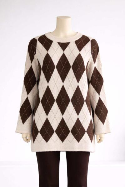 Baklava Desenli Simli Triko Tunik Vanilya Kahve