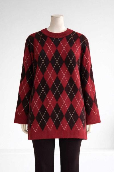 Baklava Desenli Simli Triko Tunik Kırmızı Kahve