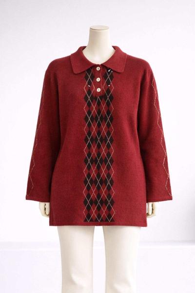 Baklava Desenli Gömlek Yaka Yumoş Tunik Kırmızı Kahve