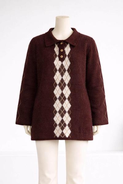 Baklava Desenli Gömlek Yaka Yumoş Tunik Kahve Vanilya