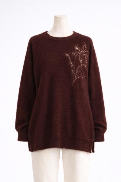 Çiçek Nakışlı Yumoş Örgü Tunik Kahve
