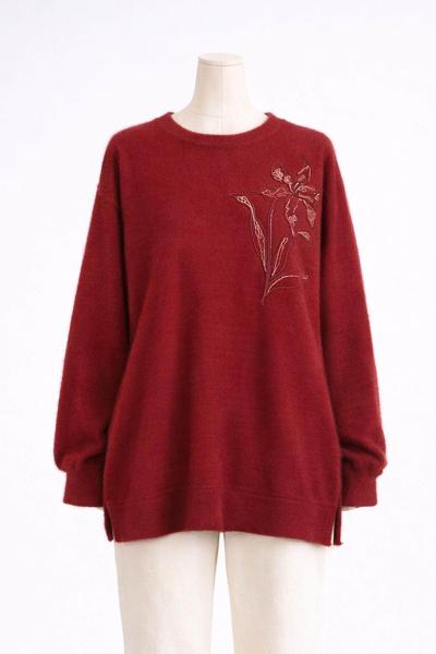 Çiçek Nakışlı Yumoş Örgü Tunik Kırmızı