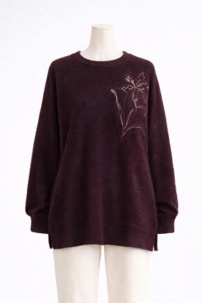 Çiçek Nakışlı Yumoş Örgü Tunik Mor