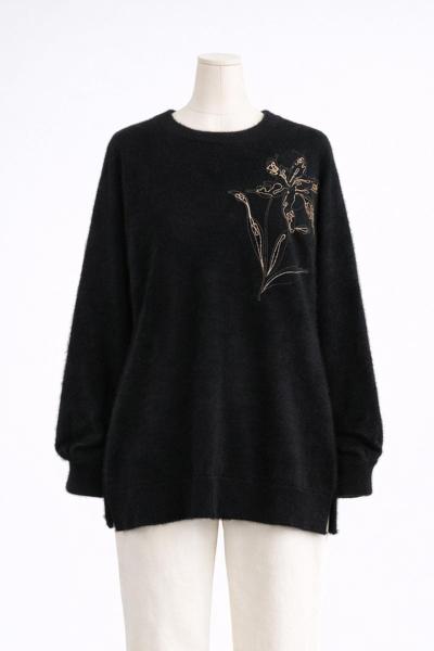 Çiçek Nakışlı Yumoş Örgü Tunik Siyah