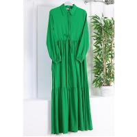 Beli Bağlamalı Kendinden Çizgili Elbise_Yeşil