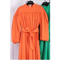 Biyeli Kolları Beli Lastikli Poplin Elbise_Orange