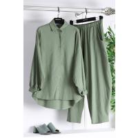 Kendinden Çizgili Düğmeli Şalvar Pantolonlu Takım_Yeşil