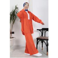Kendinden Çizgili Pantolonlu Takıım_Orange