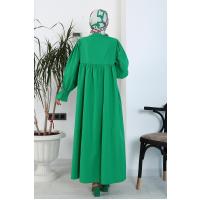 Patı Düğmeli Kolları Lastikli Poplin Elbise_Benetton