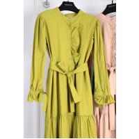 Patı Fırfırlı Kolu Bağlamalı Elbise_Yağ Yeşili