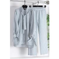 Çizgili Taş Detaylı Kuşaklı Pantolonlu Takım_Mint
