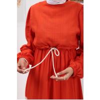 Dantel Şeritli Bağlamalı Keten Elbise_Orange