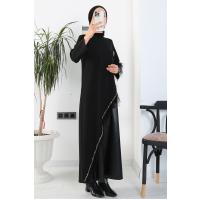 Deri Garnili Taş Şeritli Elbise_Siyah
