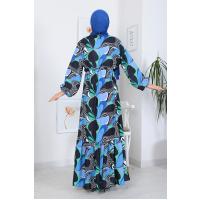 Desenli Kuşaklı Elbise_Mavi Siyah