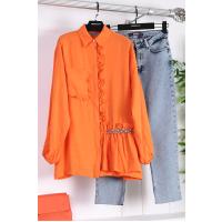 Önü Cebi Fırfırlı Taş Detaylı Modal Gömlek_Orange