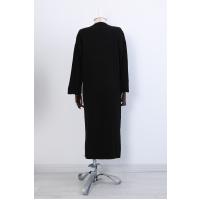Polo Yaka Fitilli Yırtmaçlı Triko Elbise_Siyah