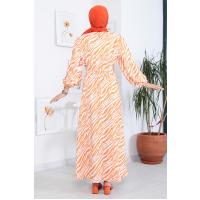 Zebra Desen Kemerli Elbise_Orange