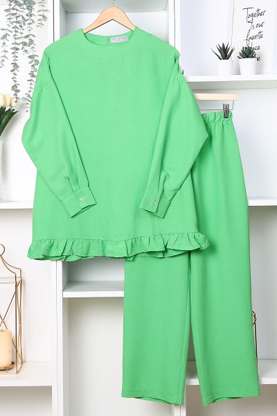 Altı Fırfırlı Pamuk Pantolonlu Takım_Fıstık Yeşili