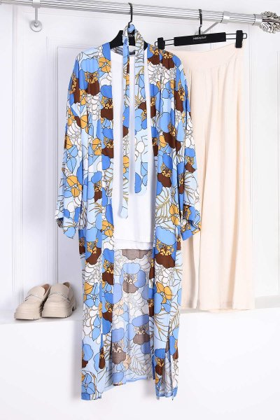 Çiçek Desenli Kuşaklı Kimono_Mavi Saks