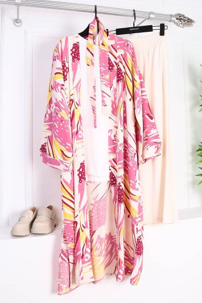 Desenli Keten Yırtmaçlı Kimono_Gül
