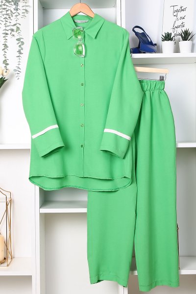 Kolları Biyeli Pamuk Pantolonlu Takım_Fıstık Yeşili