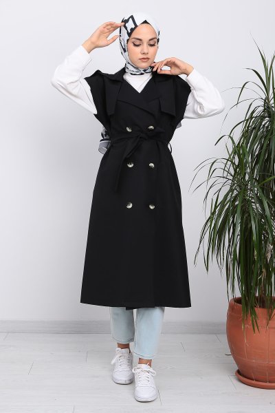 sleeveless double button trench coat -black 