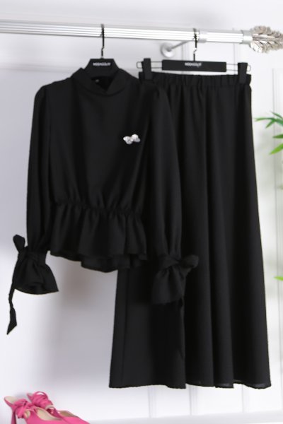 Elastic Skirt Suit With Tie Down Sleeves -Black 