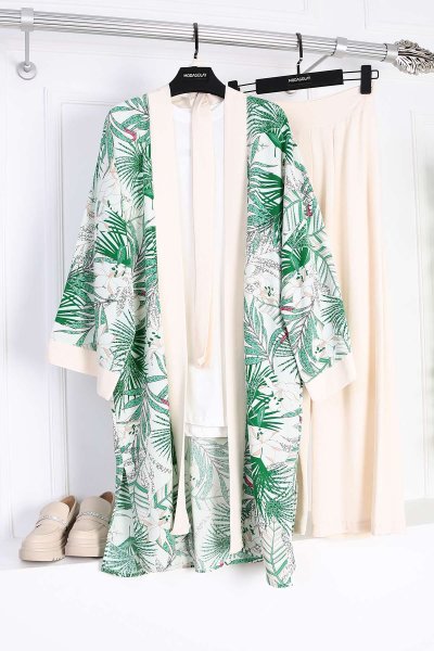 Yaprak Desenli Keten Kimono_Benetton