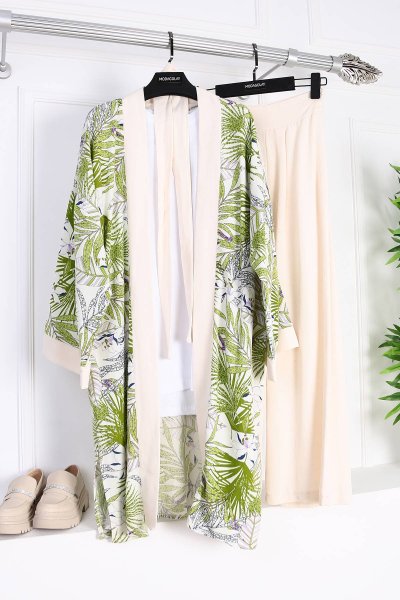 Yaprak Desenli Keten Kimono_Yağ Yeşili