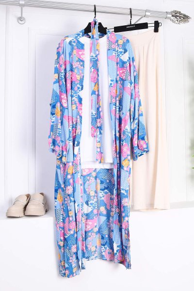 Desenli Kuşaklı Kimono_Mavi