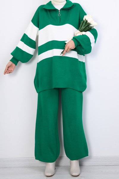 Kalın Çizgili Yarım Fermuar Pantolonlu Triko Takım_Benetton