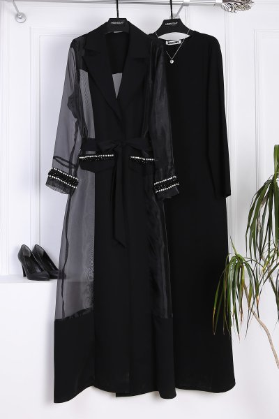 Organze Kol Ve Cep Kapakları Taş Detaylı İkili Abiye Elbise_Siyah
