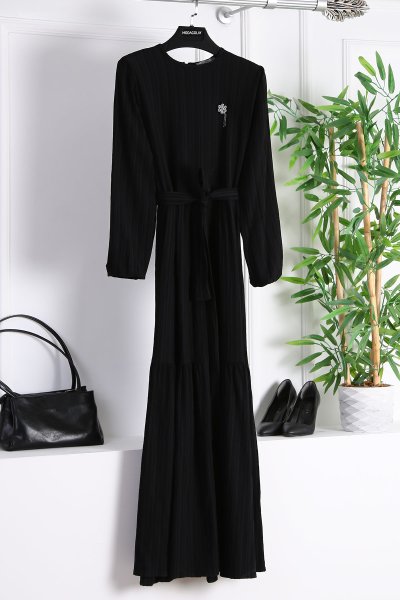 Parçalı Kuşaklı Figo Kolucu Lastikli Elbise_Siyah
