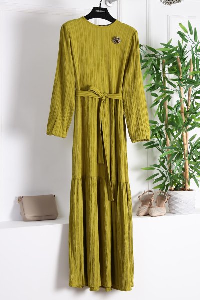 Parçalı Kuşaklı Figo Kolucu Lastikli Elbise_Yağ Yeşili