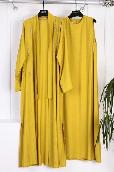 Taş Detaylı Kimonolu Elbise Takım_Yağ Yeşili